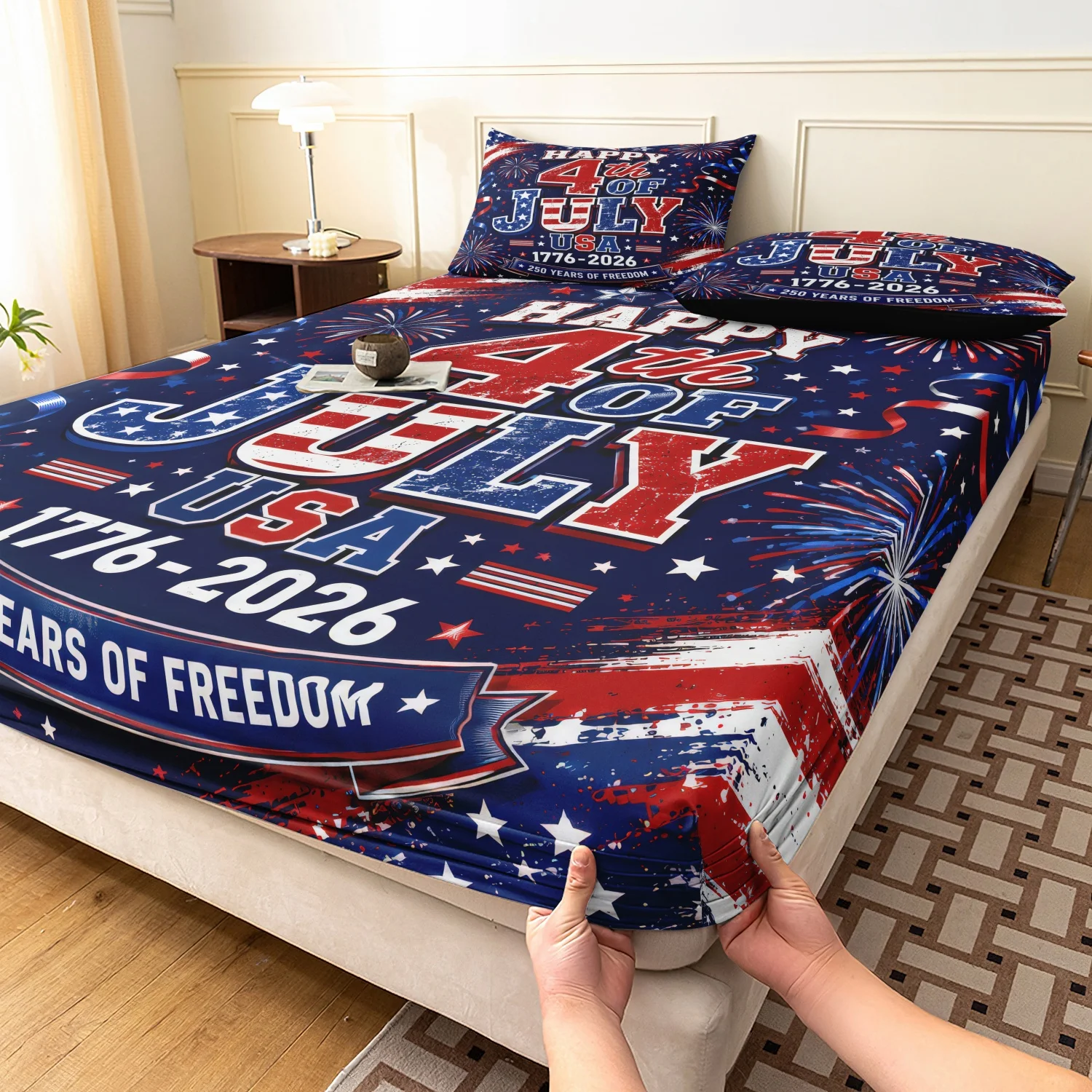3 Pieces USA Anniversary Patriotic Print Fitted Sheet Set, Firework Star Flag Printed Bedding, For Bedroom Home Decoration