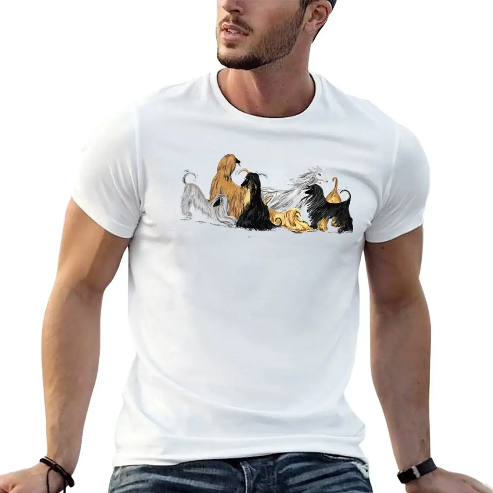 Artistic Afghan Hound Group Print Crew Neck T-Shirt Premium Polyester Relaxed Cut Works Great with Jeans and Casual Bottoms