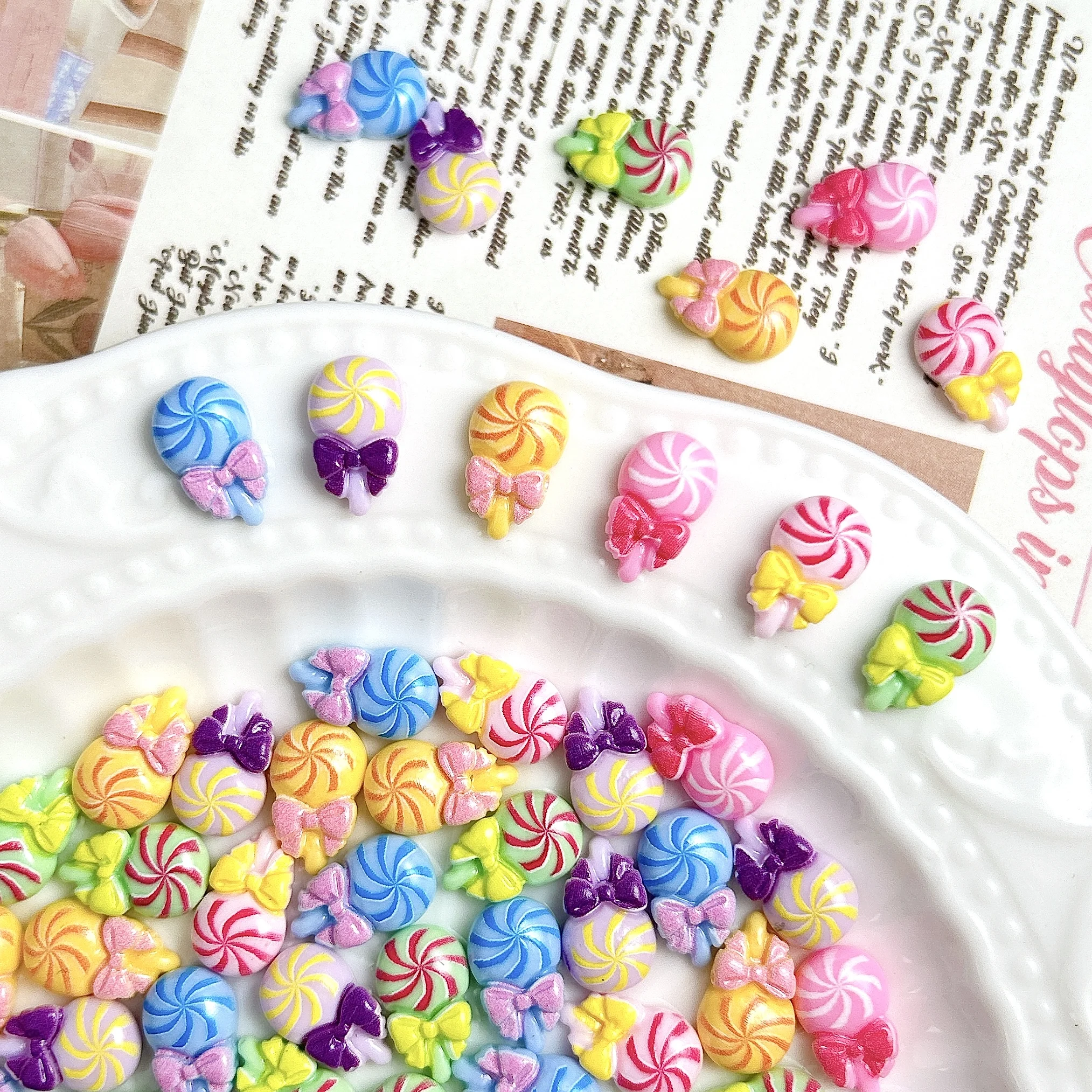 20 pçs dopamina colorido simulado pirulito decorações da arte do prego dos desenhos animados criativo arco pirulito resina encantos do prego diy suprimentos de unhas