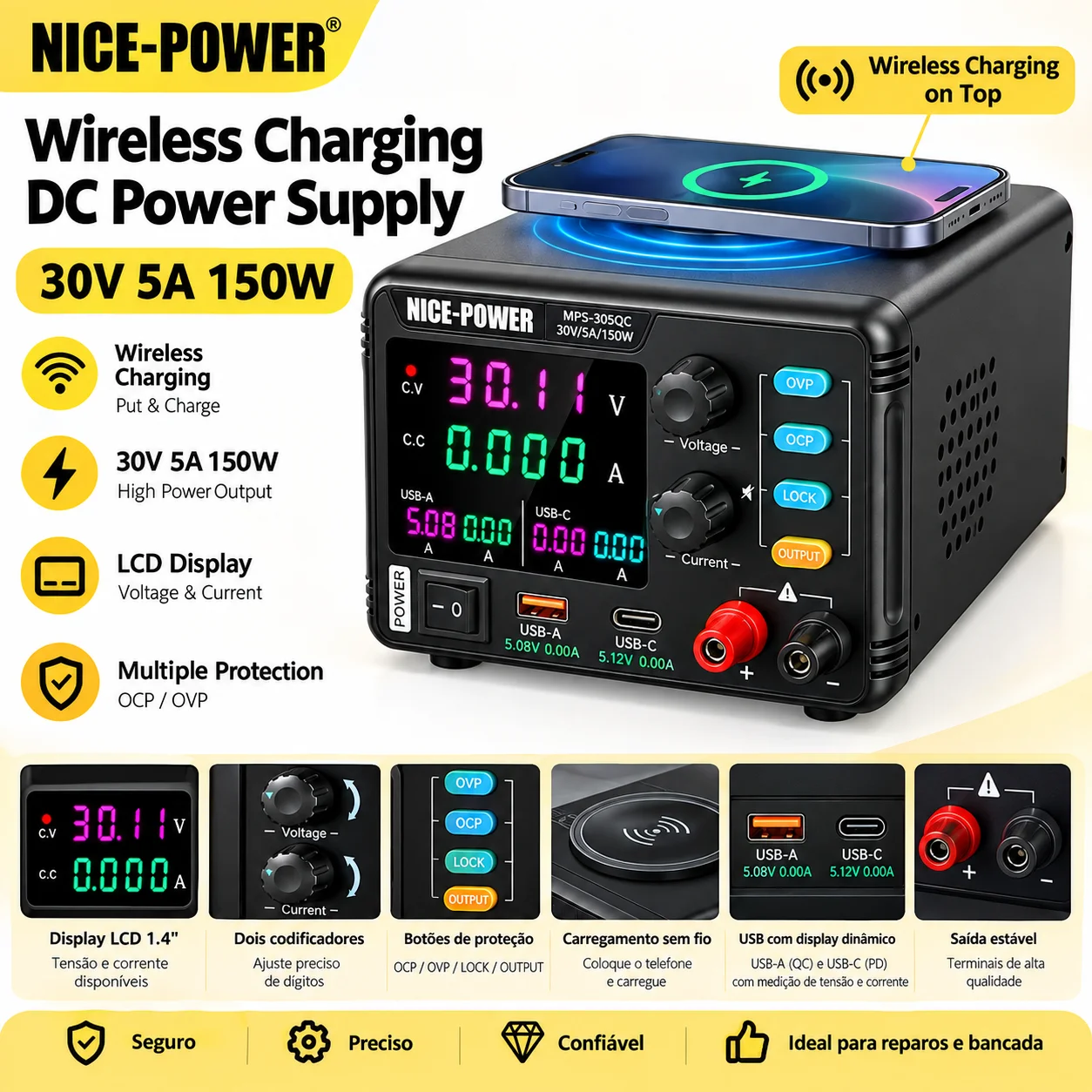 NICE-POWER 30V 5A 150W DC Power Supply Adjustable Switching Power Source Wireless Phone Charger LCD USB-A/USB-C OCP/OVP/LOCK