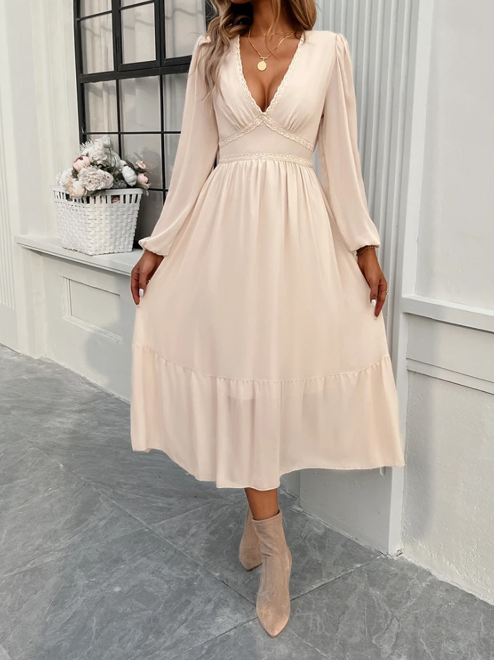 

Fashion Autumn Dresses 2024 Elegant Solid Color Casual V-Neck High Waist Long Sleeve Dress Urban Elegant Daily Midi Long Dresses