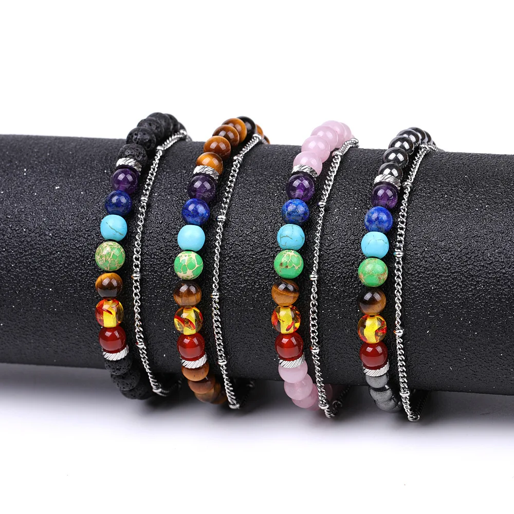 Women Men Woven 6mm Seven Chakra Stone Beaded Bracelet  Stainless Steel Chain Love Mom Day Family Mother Day Gift