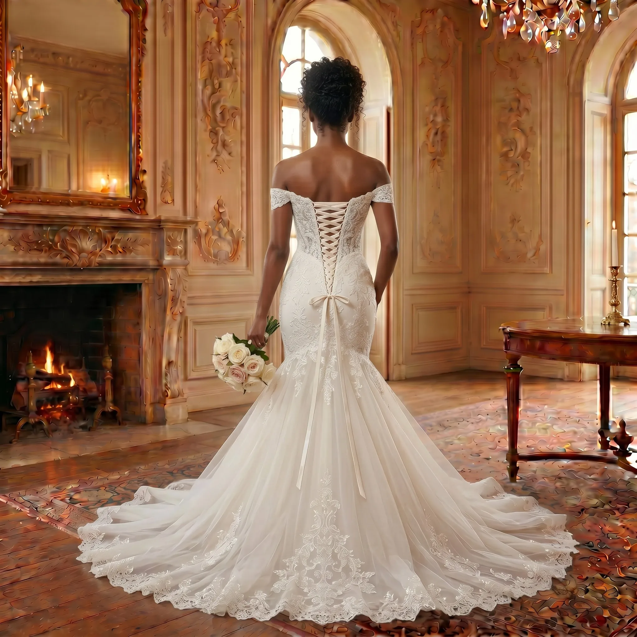 Off Shoulder Sweetheart Lace Mermaid Wedding Dress Corset Back Tulle Bridal Gown with Chapel Train