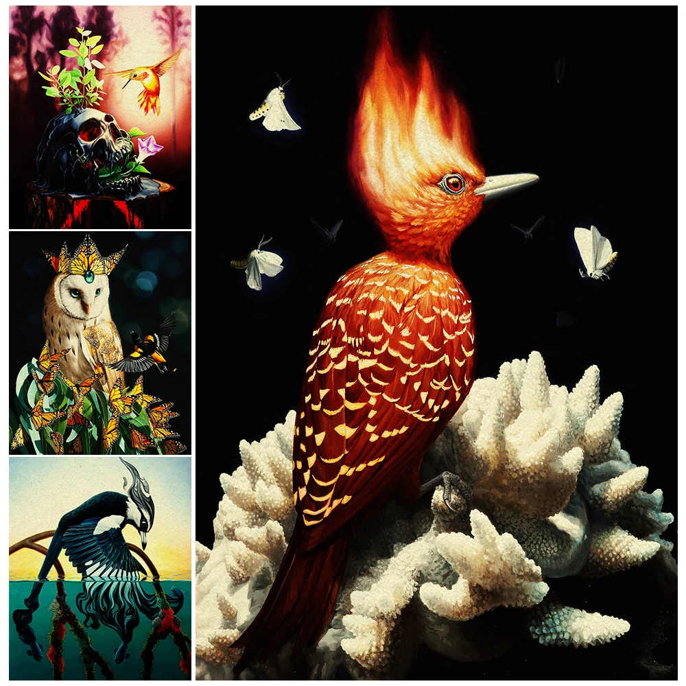 Beautiful Fantasy Bird,Vintage Wall Art Canvas Print,Butterfly Crown & Owl, Hummingbird & Skull,Magic Creature Art, Poster Print