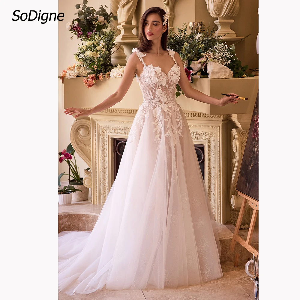 

SoDigne A-line Wedding Dresses Sweetheart Sleeveless Tulle Appliques Bride Dress Long Boho Bridal Gown Vestido De Noiva