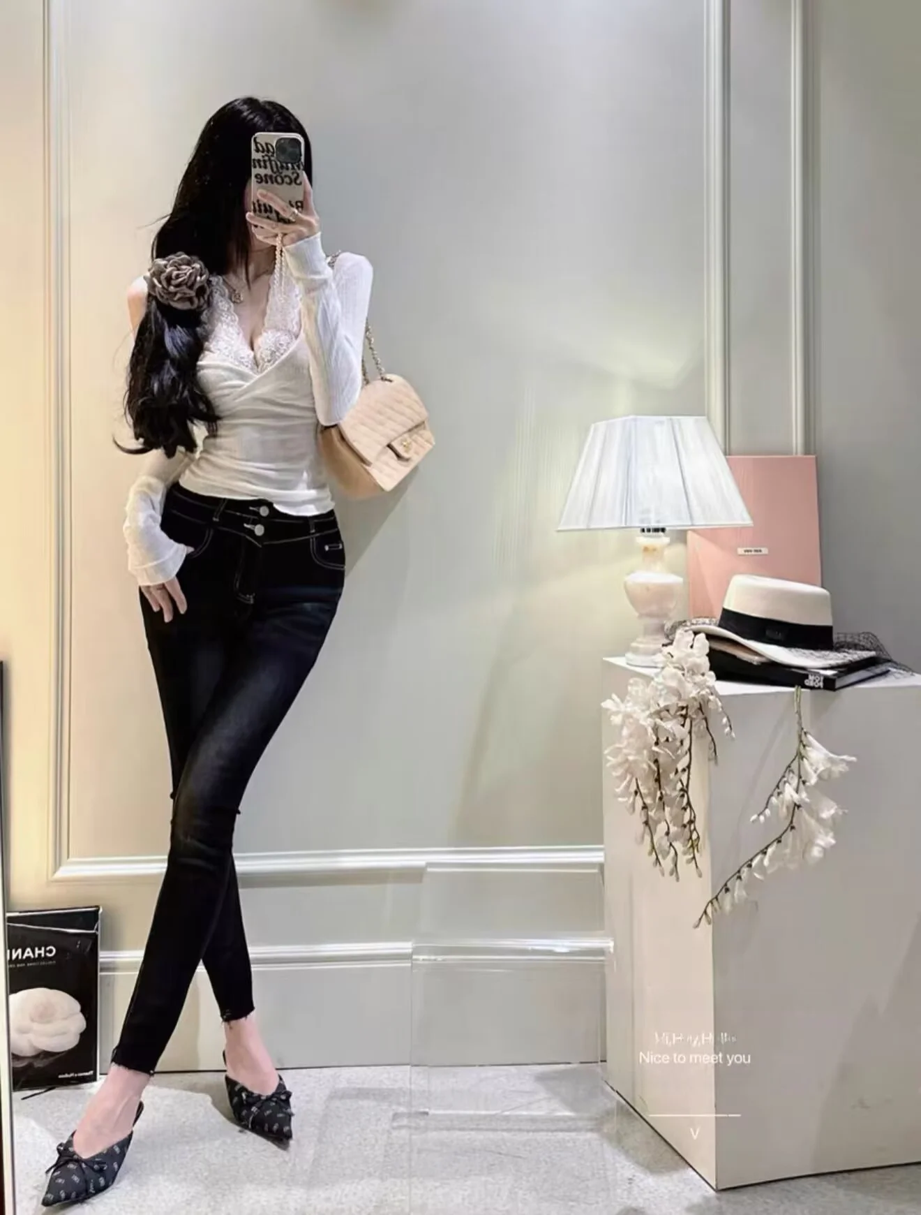 

Хлопковые эластичные джинсы с высокой талией, облегающие джинсы, корейские джинсы с мультяшной талией, визуальные женские джинсы больших размеров, увеличивающие бедра