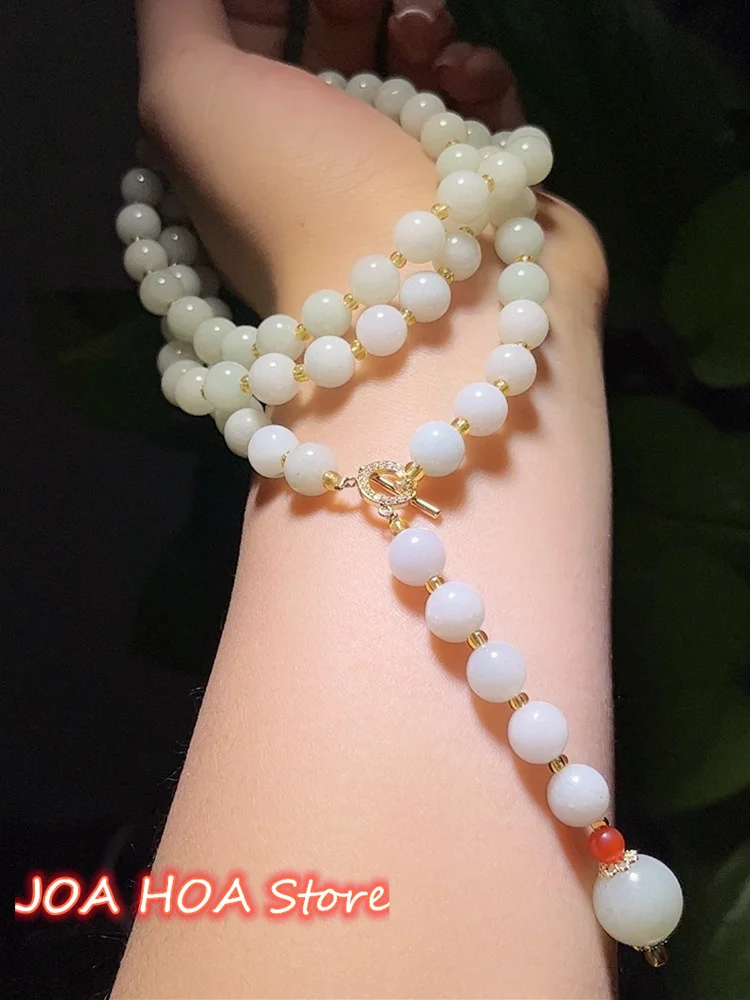 Multifunctional Jewelry Natural Hetian Golden Silk Jade Bead String Waist Chain Necklace Sweater-Chain DIY Handcrafted