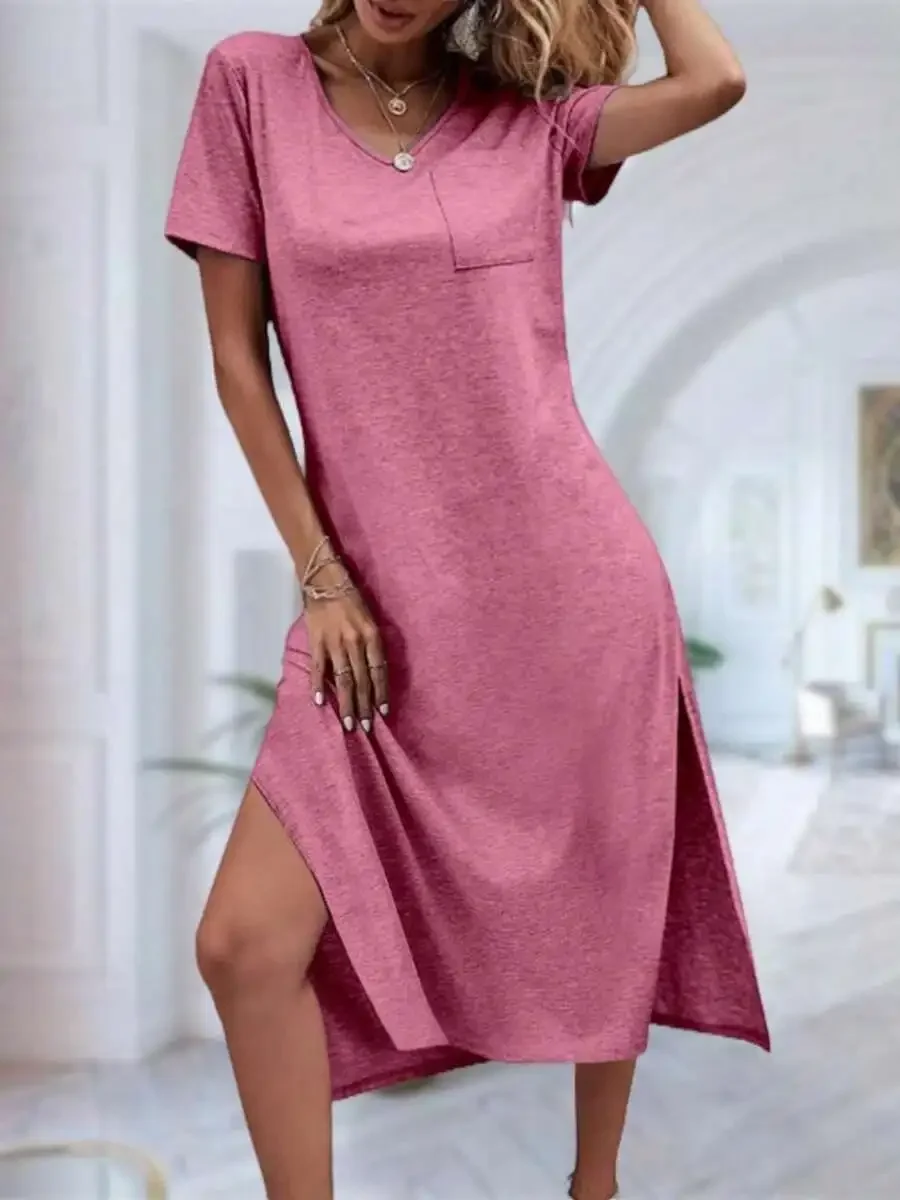 

Pink V-Neck Short Sleeve Loose Maxi T-Shirt Dress For Women Featuring Chest Pocket, High Side Slit, And Asymmetrical Hem