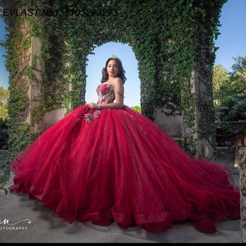 

EVLAST Customized 2025 Red Ball Gown Quinceanera Dress Lace Applique Beading Crystal Corset Sweet 16 Vestidos De 15 Anos E1Q912