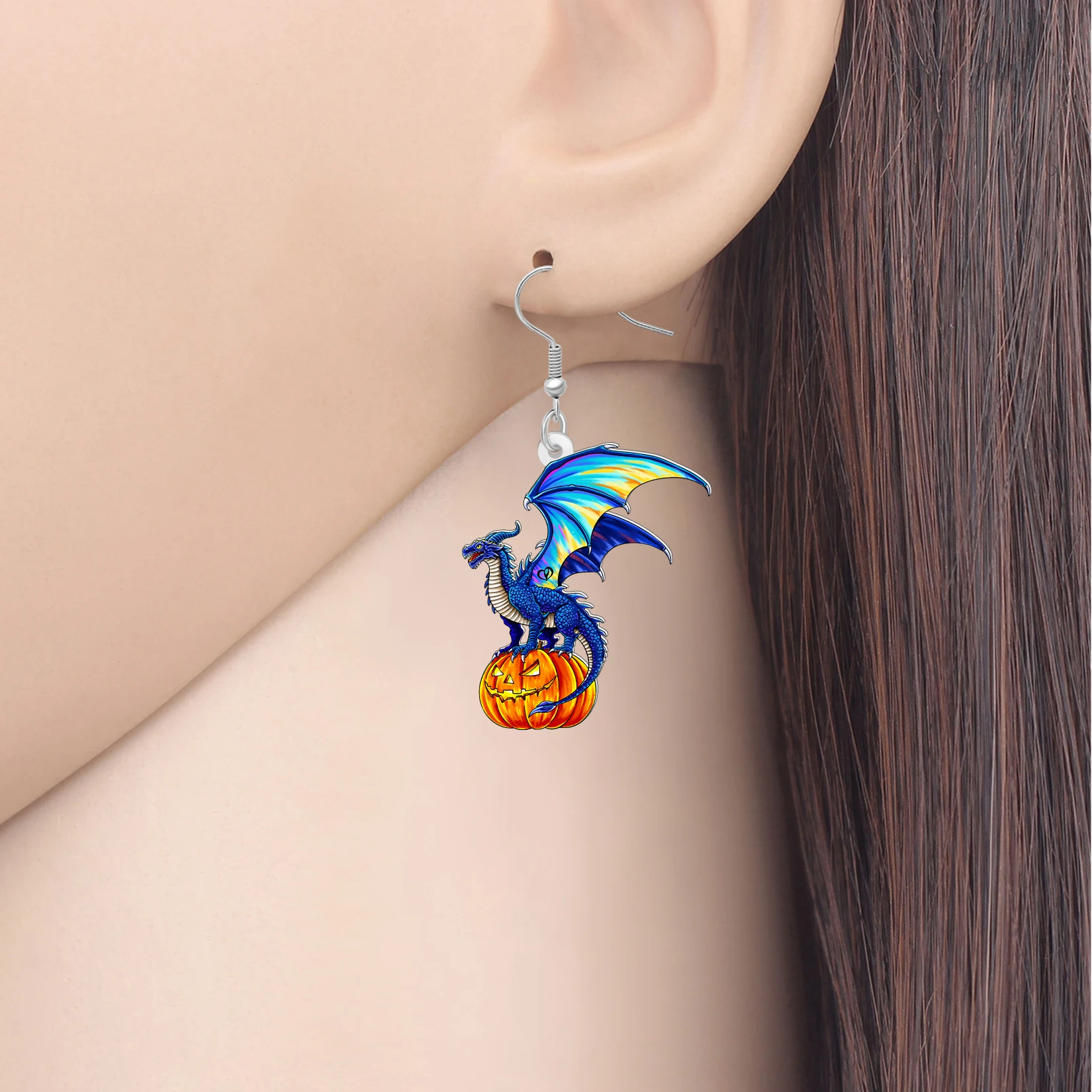 BONSNY Acrylic Halloween Pumpkin Lantern Blue Dragon Earrings Fantasy Medieval Dinasaur Costume Jewelry Gifts For Women Teens