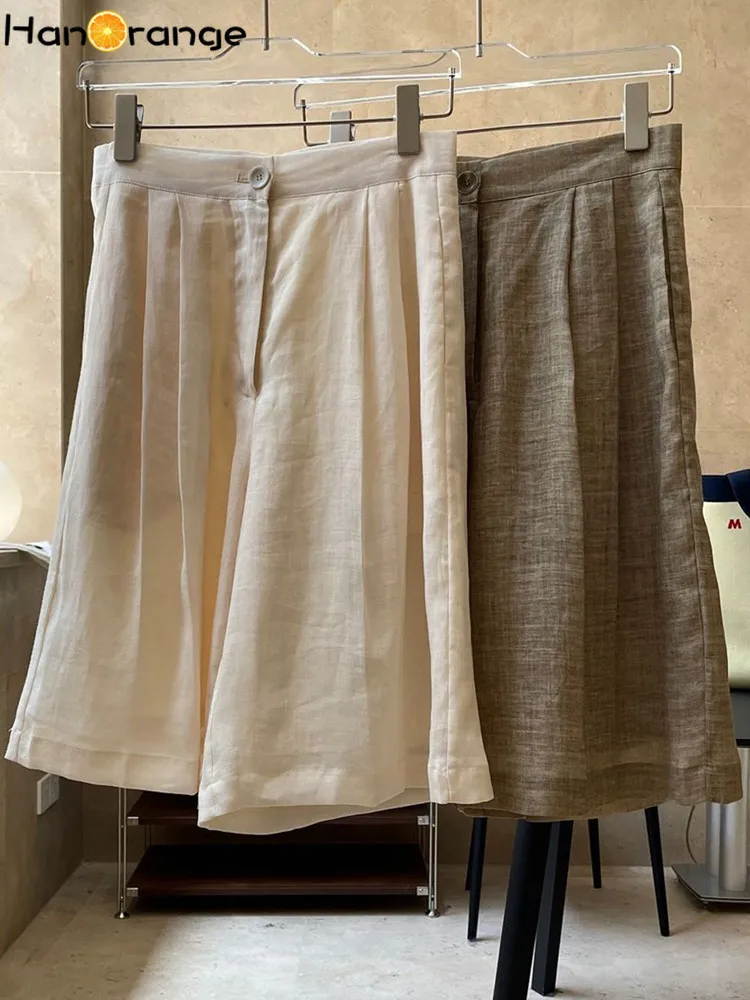 HanOrange 2024 Summer Lazy Linen Casual Knee Length Pants Women Loose Thin Anti-transparent A-line Profile Five Cents Trousers