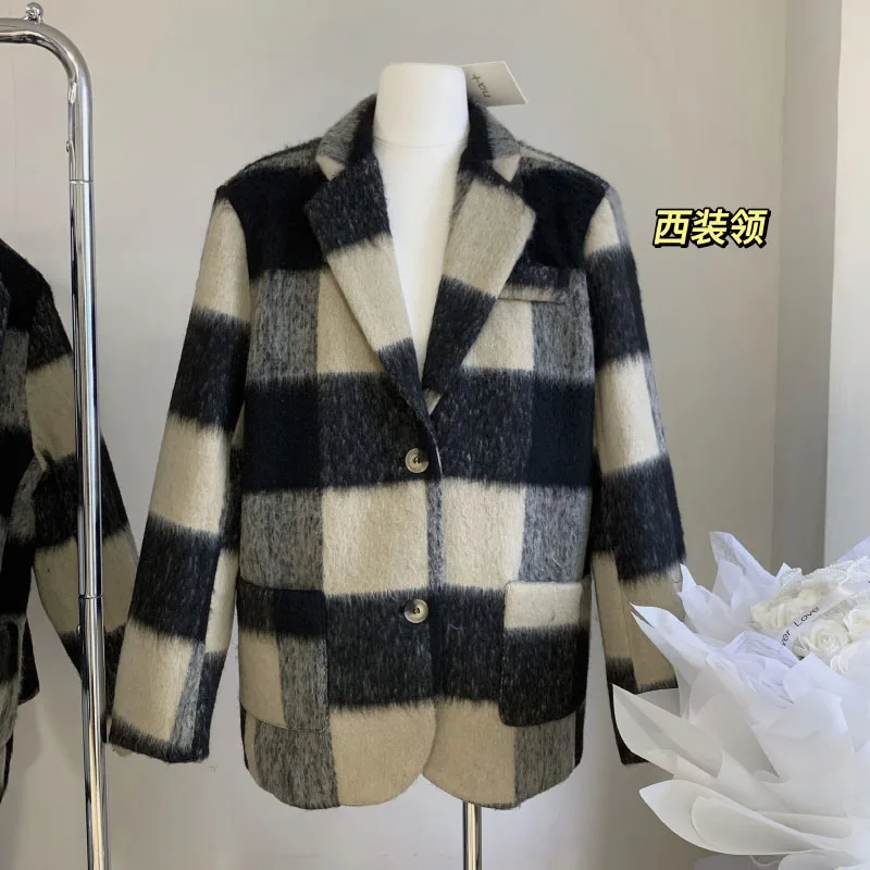 

Plaid Vintage Woolen Coat Female Coat Office Lady Elegant Straight Peter Pan Collar Top Mujer Zipper Jacket