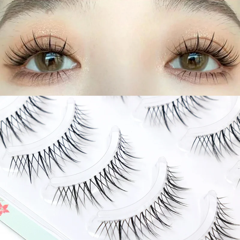 Natural Manga False Eyelash 3/5 Pairs Soft Long Thick Wispy Fluffy V Shaped Eyelashes with Eyelash Tweezer Cosplay Eyes Makeup