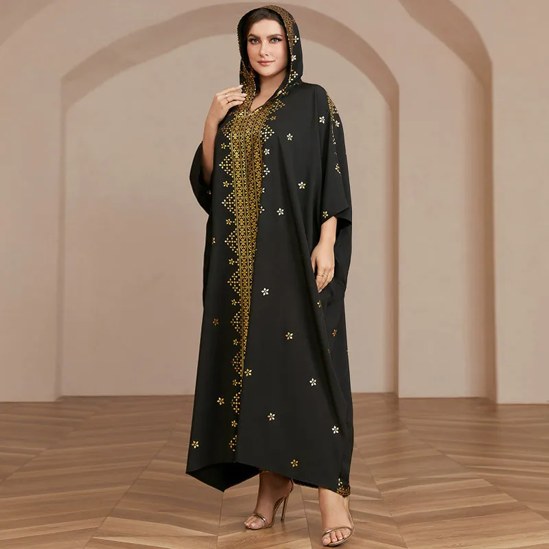 

DD23018 New Muslim V-neck Hooded Robe with Four Side Elastic Gold Stamping Dress