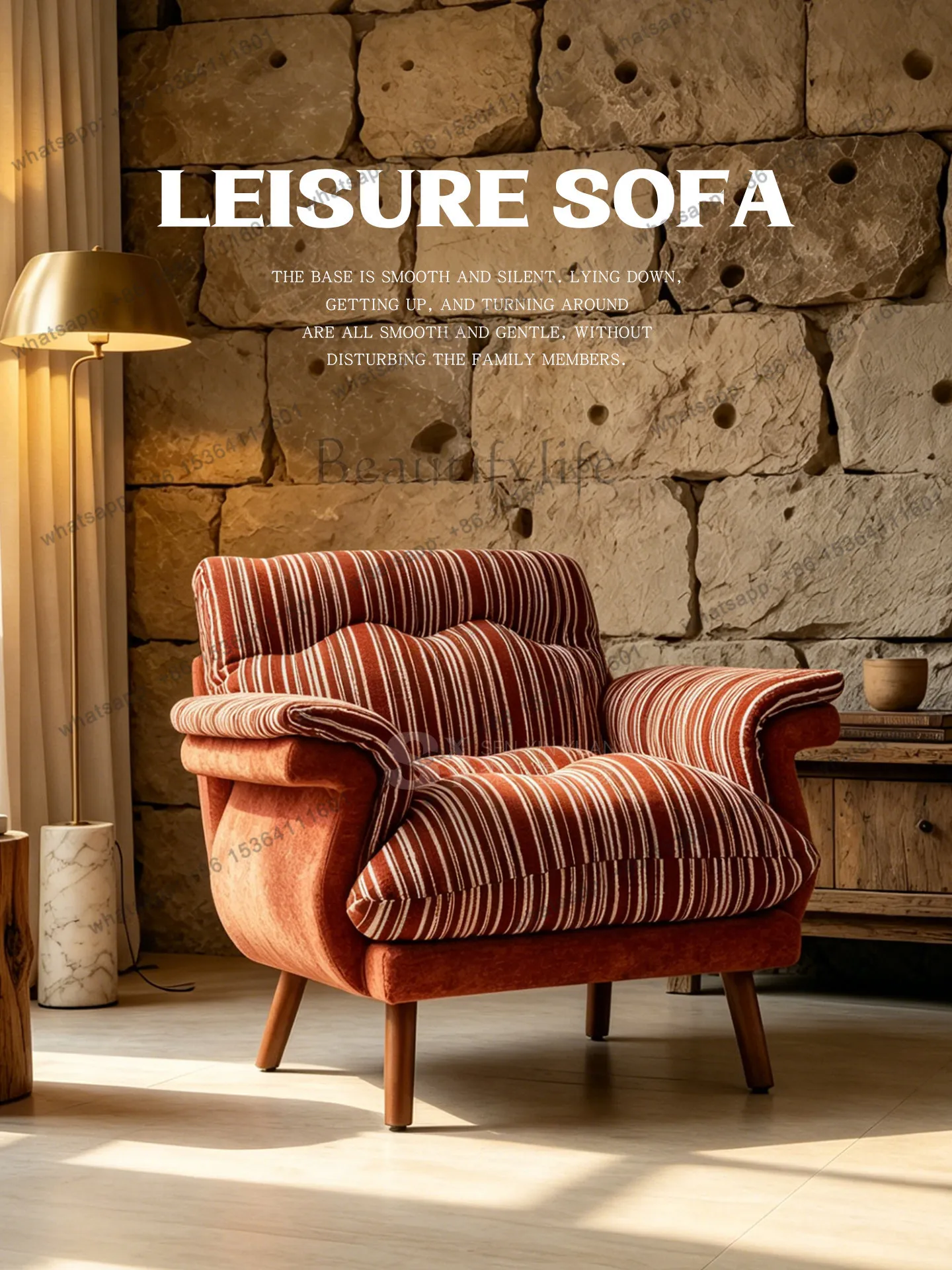 Medieval Striped Single Sofa Chair French Living Room Balcony Bedroom Leisure