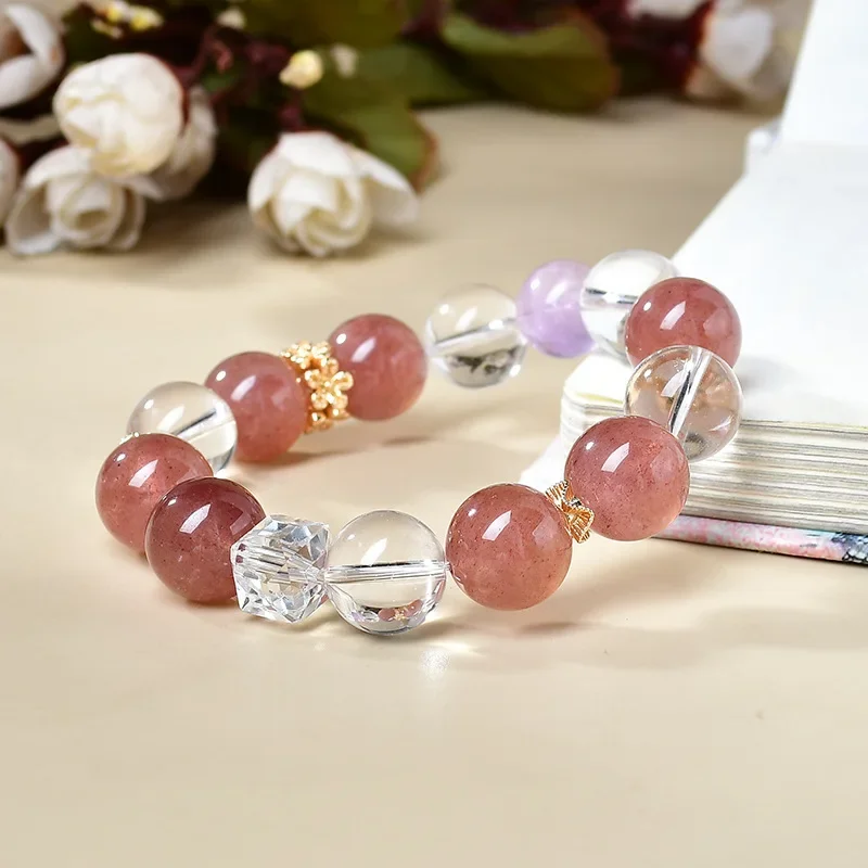 

Natural Duobao Strawberry Crystal Sugar Cube Round Bead Bracelet Women's Fashion Light Luxury Delicate Bracelet