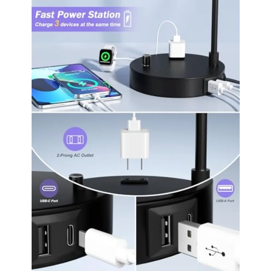 Tall Table Lamp with USB Port and Outlet, Dimmable Nightstand Bedside Lamps with Linen Lampshade, Desk Lamp for Bedroom, Living