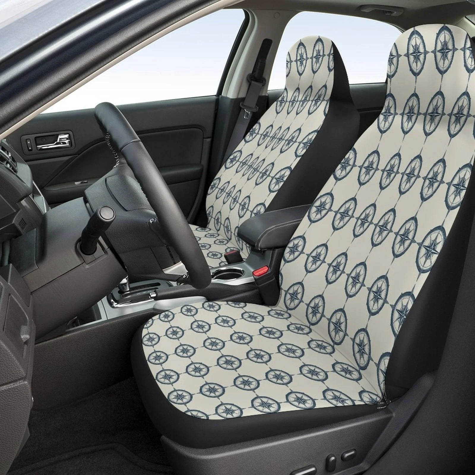 Set Of Car Seat Covers Featuring A Compass Rose Design, Suitable For A Variety Of Vehicles. Stylish And Unique, This Complete Se