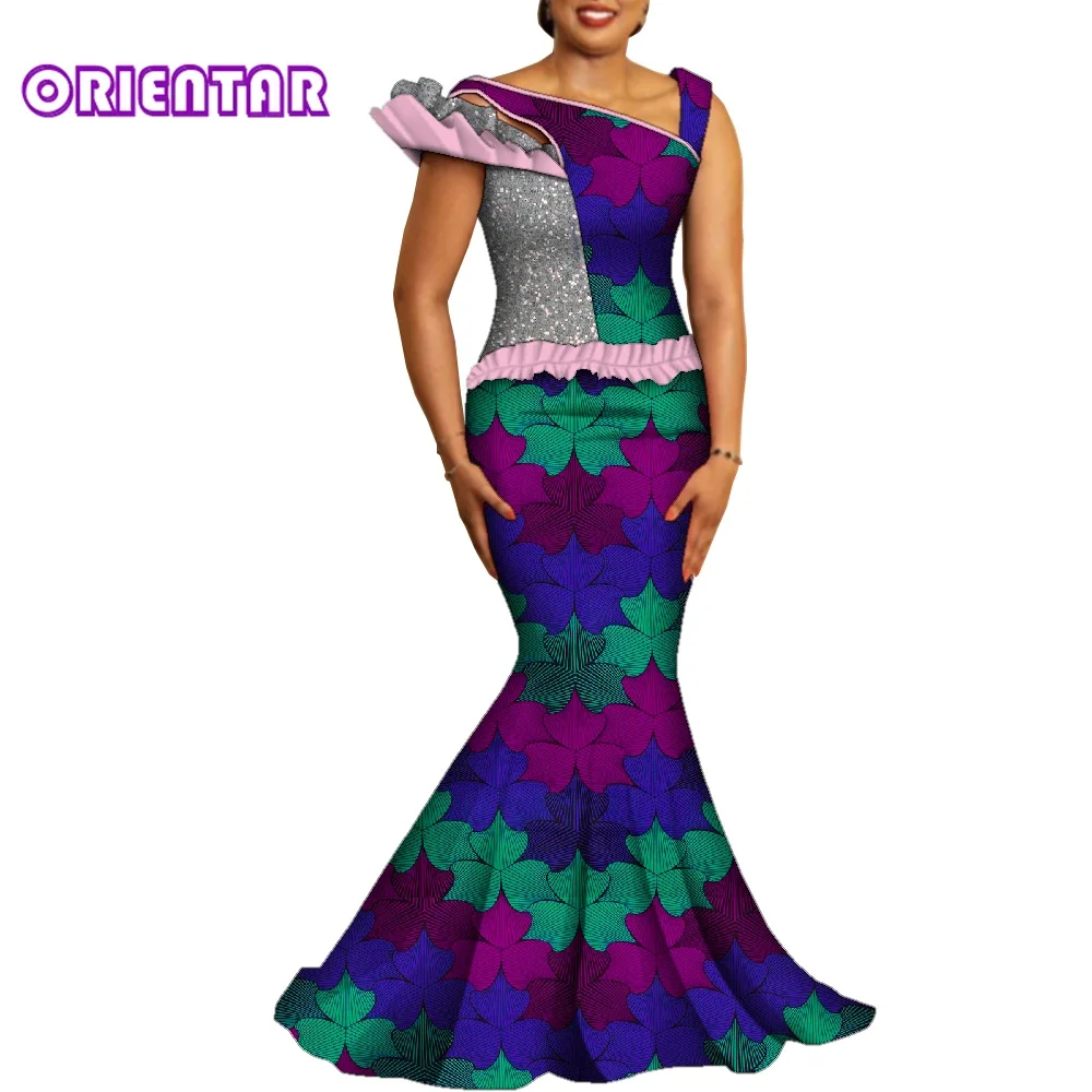 

Fashion Women African Dresses African Print Sequin Patchwork Long Dress with Ruffles African Evening Dress WY2177