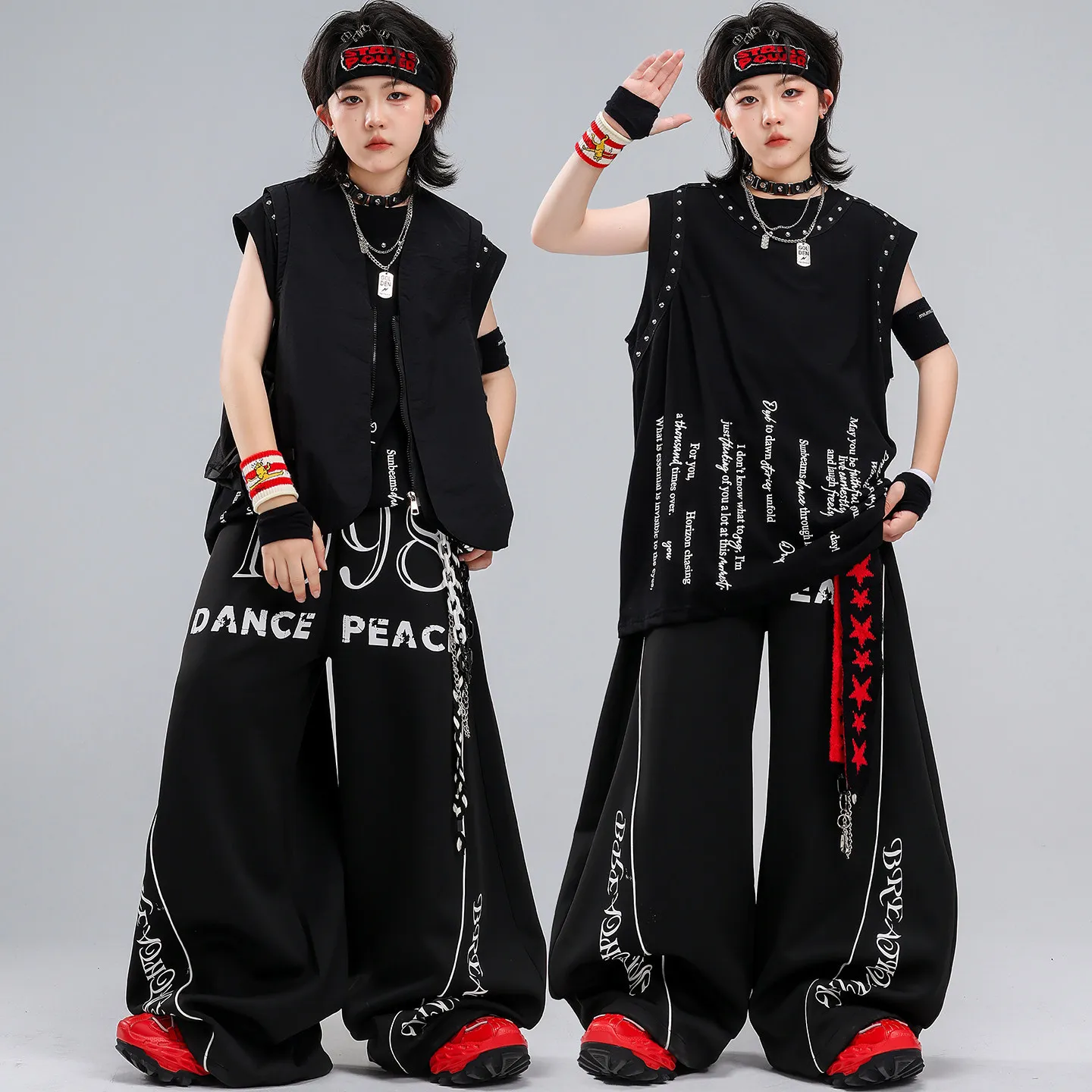 Boys Hip Hop Studded Vest Sleeveless Tank Top Loose Pants Girls K-pop Jazz Costumes Children Dance Clothes Sets Kids Streetwear