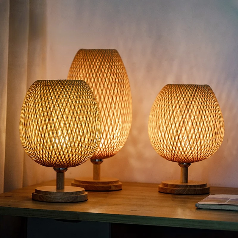 Bamboo Weaving Table Lamp Creative Handmade rattan Bedroom Restaurant bedside desk lights Chinese Pastoral Retro  Table Light