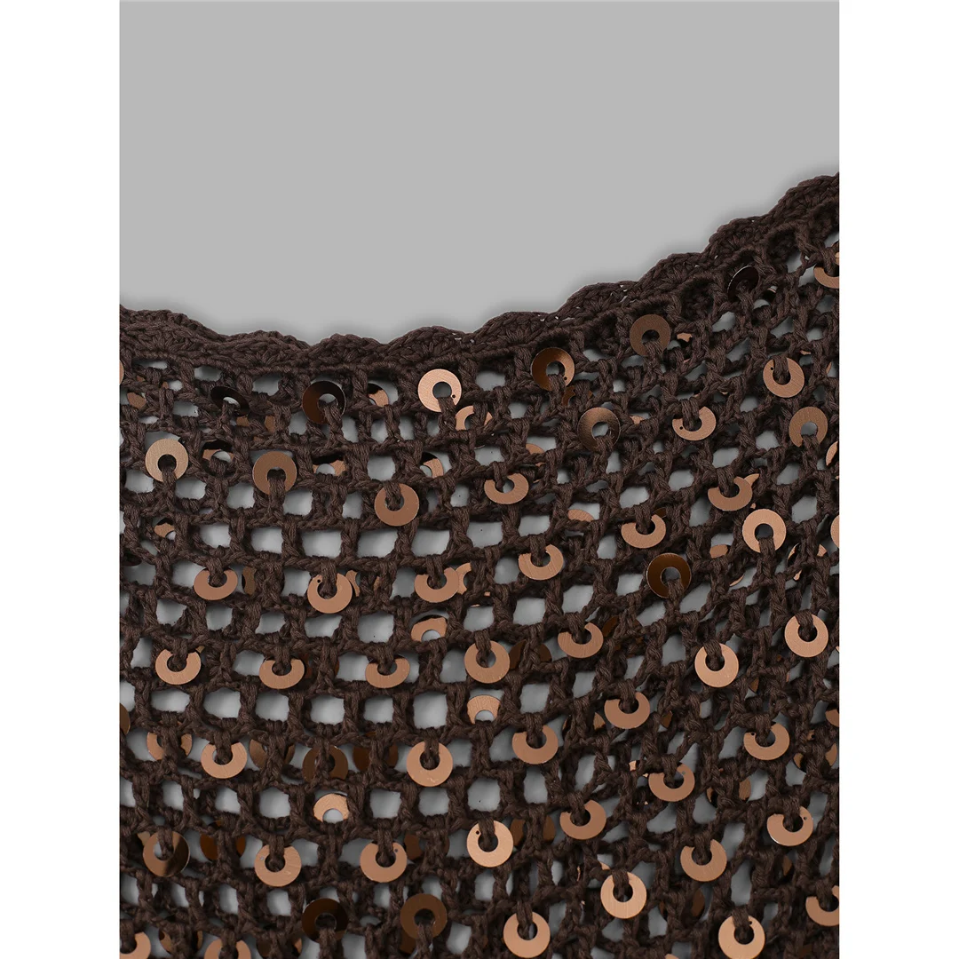 XS - XL Quasten Pailletten Einfarbige Häkel- und Strick-Tunika Strand-Überwurf Strandtop Strandkleidung Damen V8287 – Detail 25