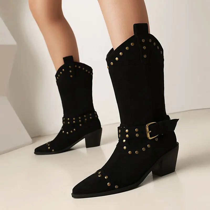 ORCHA LISA Women Western Cowboy Mid Calf Boots Pointed Toe 5cm Block Heel Slip On Rivets Black Brown Plus Size 45 46 Fashion