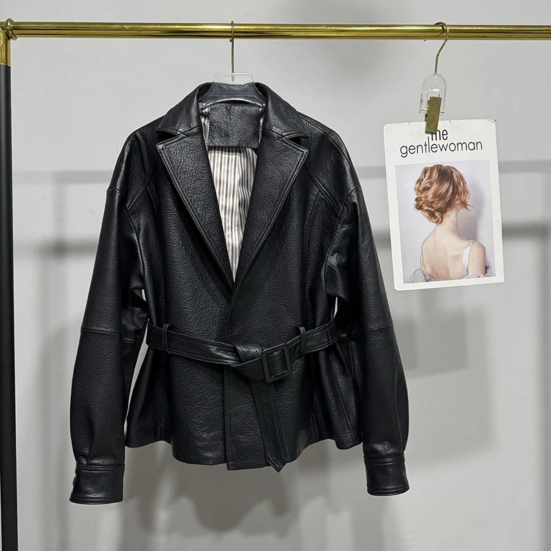 新しい本物のシープスキンジャケット秋冬女性輸入羊バブルレザーコーヒーラペルベルトウエスト閉鎖スリムショートコート