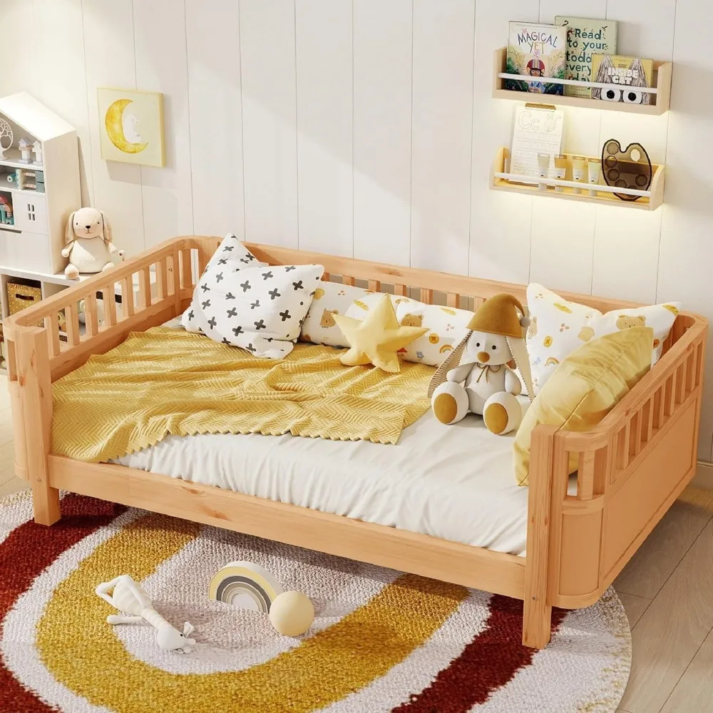 سرير مزدوج مستوحى من مونتيسوري مع قضبان جانبية قابلة للإزالة، وإطار سرير بمنصة خشبية موفرة للزاوية للأطفال #5
