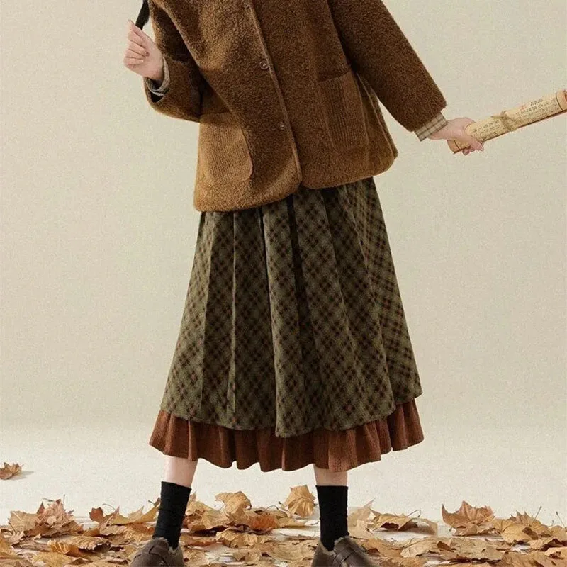 Spring Women Fashion Patchwork A-line Long Skirts Korean Ladies High Waist Maxi Skirt Autumn Femme High-end Casual Plaid Skirts