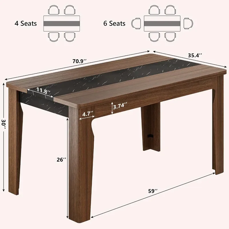 Farmhouse 71 Long Dining Table for 6-8 People Marble Texture Finish Kitchen Table with Sturdy Wooden Frame Rectangle Dining