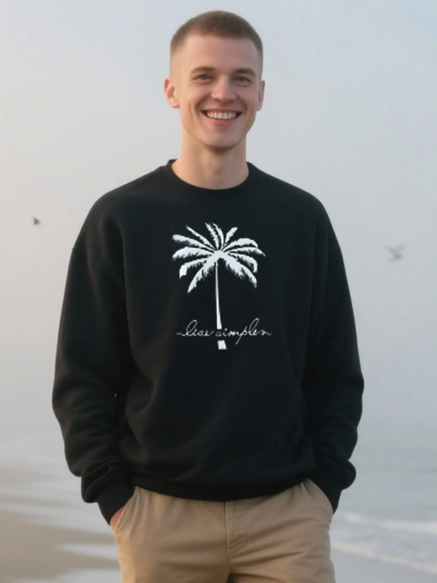 

100% pure cotton neutral round-neck sweatshirt with coconut tree graphic logo printed pullover is for men's autumn