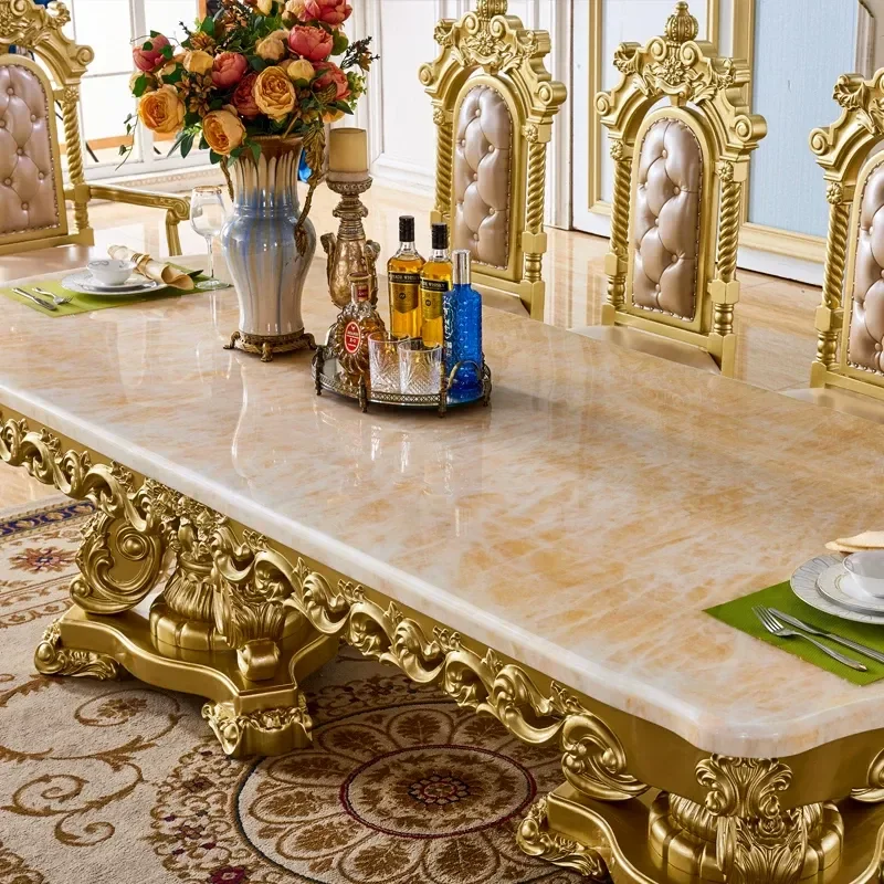 European marble square table American villa solid wood carving flower telescopic function square table meeting household