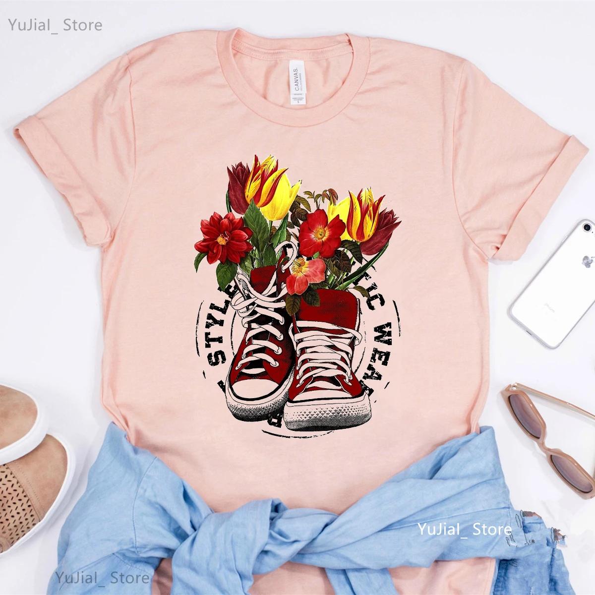 Fashion Shoes Flowers Graphic Print Pink T Shirt Women Clothes 2024 Rose Rabbit California Surf Tshirt Femme Funny T-Shirt