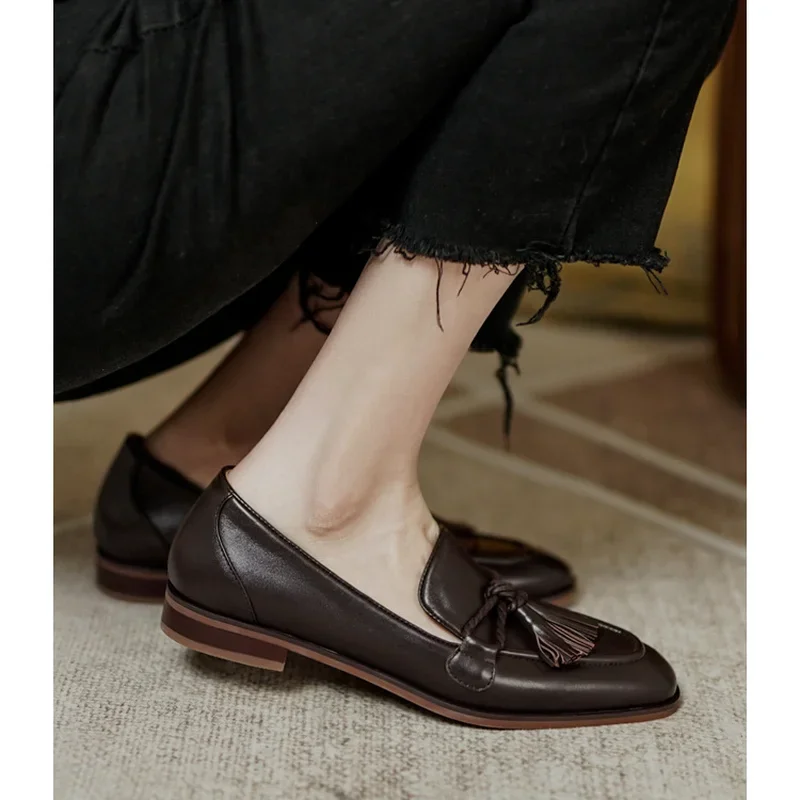 Retro British Style Square Head Women\'s Loafers Shoes 2024 Summer New Style Tassel Comfortable Single Shoes Women Brown Shoes