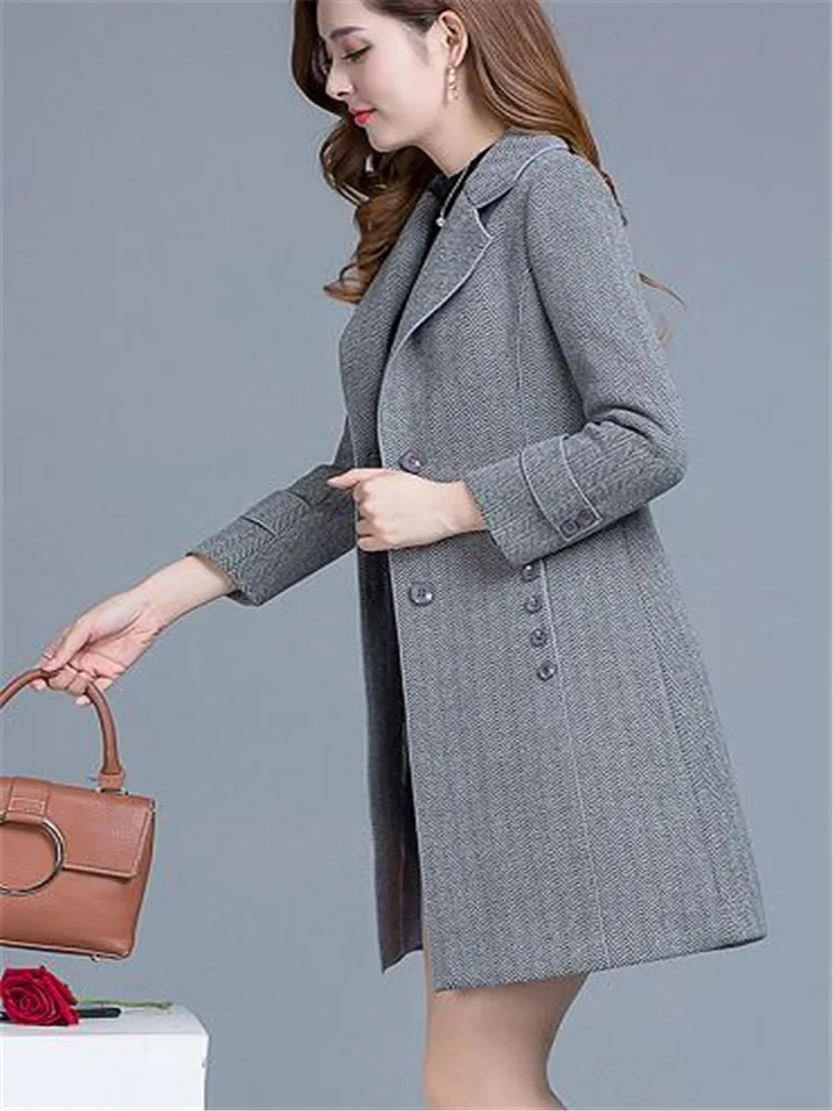 Imagem -02 - Cabolsas de lã para Mulheres Meados de Comprimento Outwear Outono Mulher Roupas Coreano Fino Trench Coat Retalhos Botão até Feminino Blusão