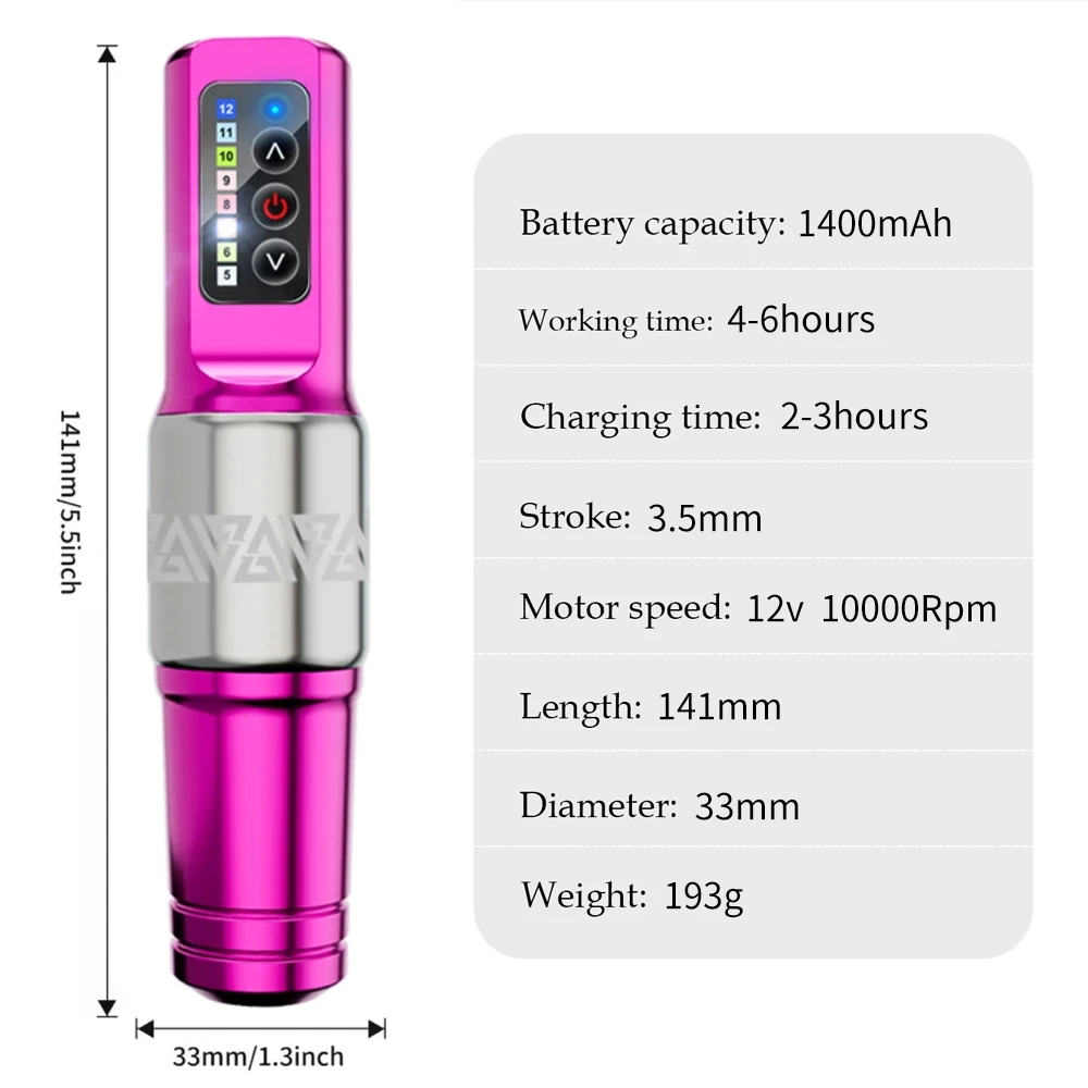 Wireless Tattoo Pen Kit for Beginners Artists Multi-function Aluminum Body,  5-12V Output Voltage and 1400mAh Battery
