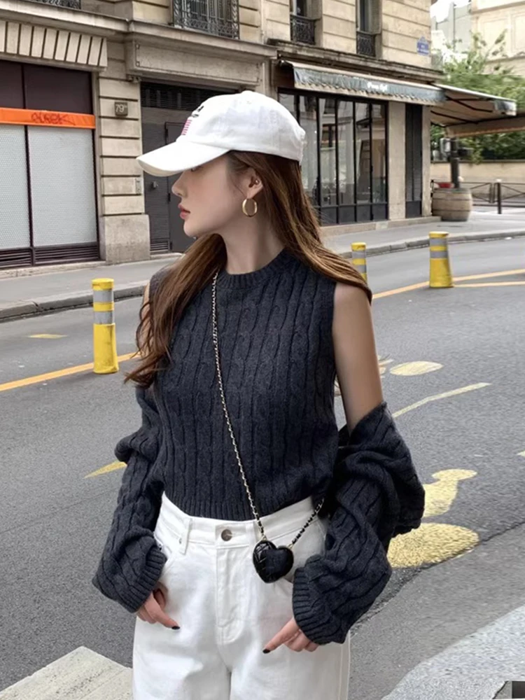 

Chic Autumnal Vintage Knitted Twisted Sweater Vest Short Style Two-Piece Set Versatile Short Coat Shoulder Wrap Fashionable
