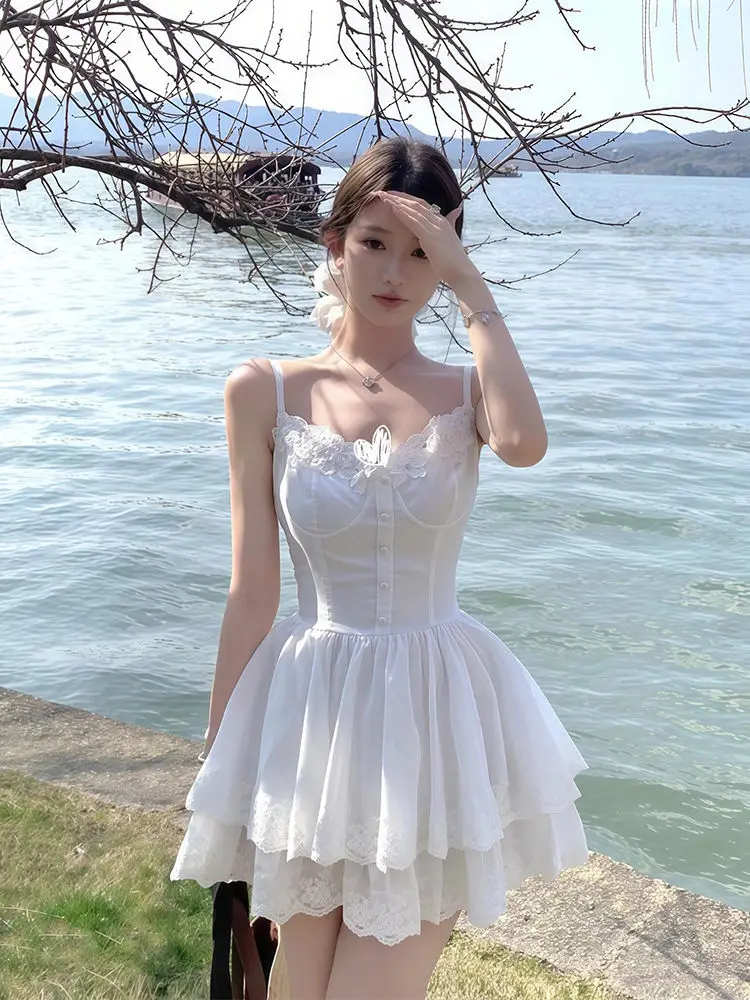 Ele Floral Collar Sunscreen Knitted Outerwear Summer New Arrival Korean Sle White Moonlight Strap Dr Faion Set