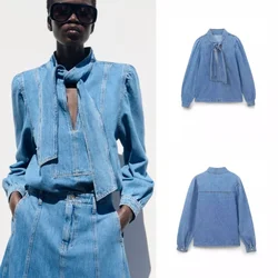 2023 New Women's High Quality Fashion Style Cowboy Shirt with Bow and Stand-up Collar