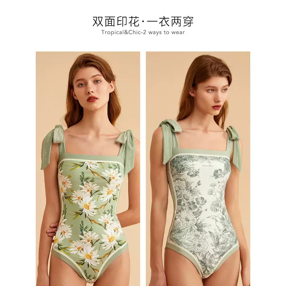 Double-Sided Printed One-Piece Swimsuit Retro Style Fresh Strapless Tie One-Piece Swimwear New Model