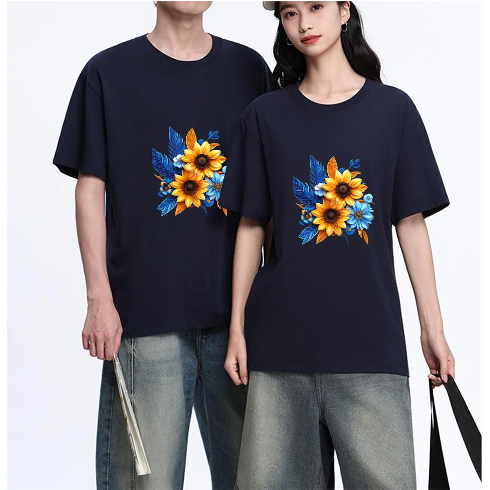 Sunflower Blue Leaf Floral Printed T Shirt Breathable Fabric S-XXL Personalized Custom Casual Short Sleeve Tee Aesthetic Graphic