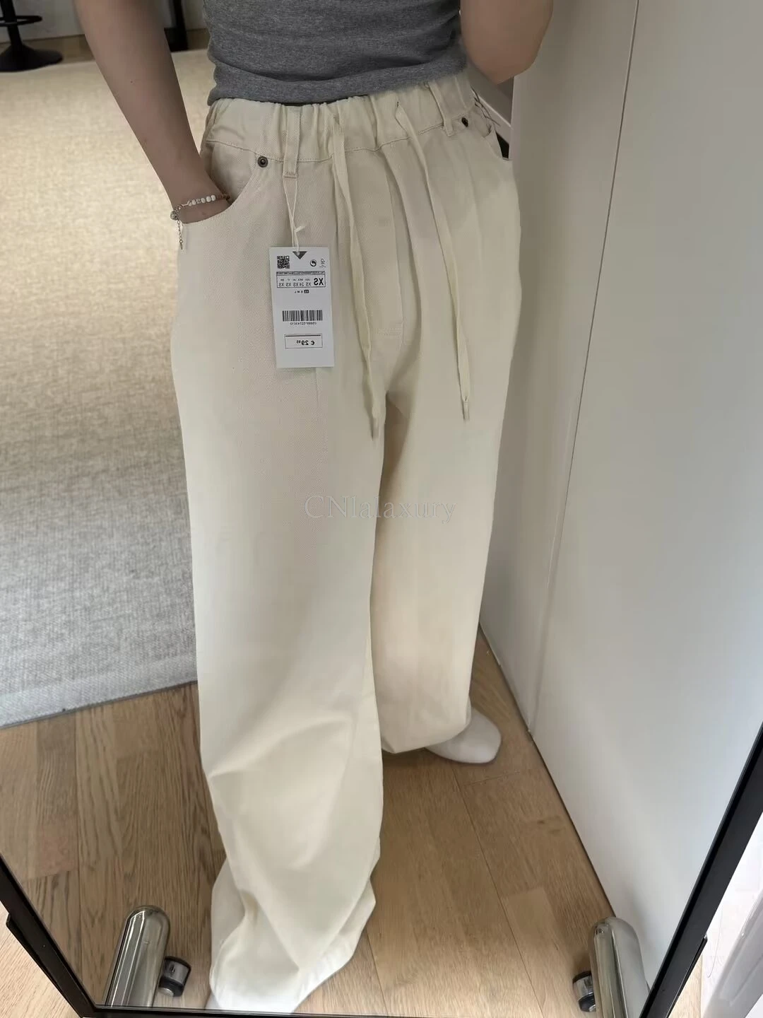 CNlalaxury 2024 Spring New Beige Trousers Vintage Wide Leg Denim Pants Female Women Loose Jeans