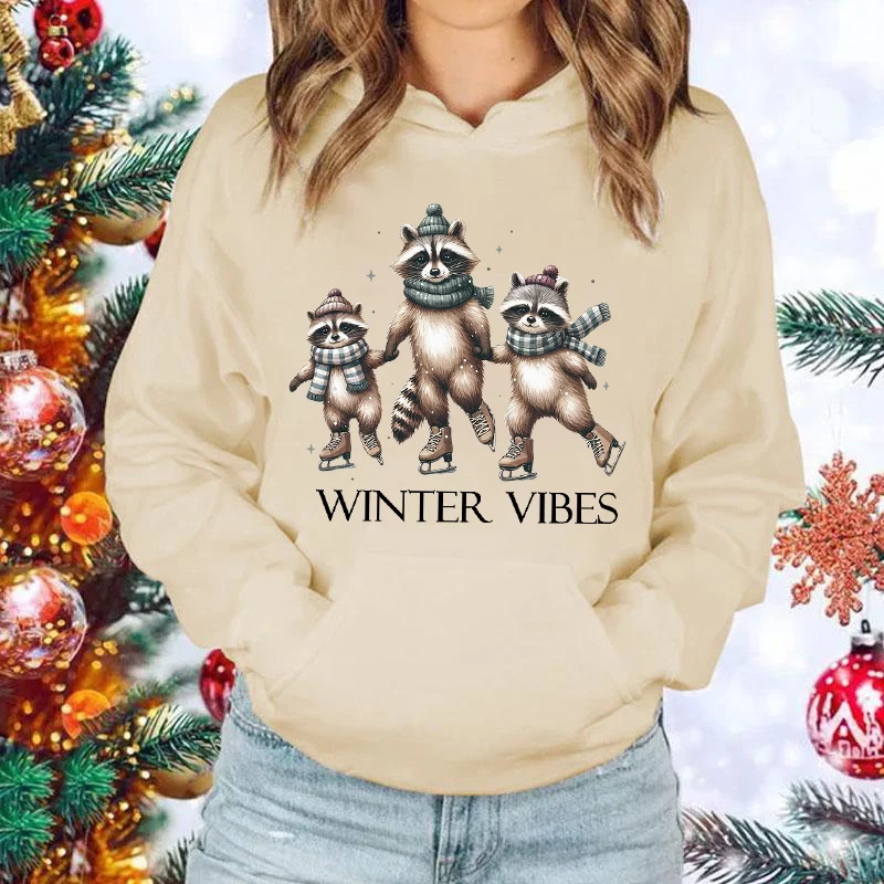 New Christmas Raccoon Winter Vibes Print Hoodie Sweathshirts Men Women Hooded Pullover Unisex Long Sleeve Hoodie Tops Couple Hoo