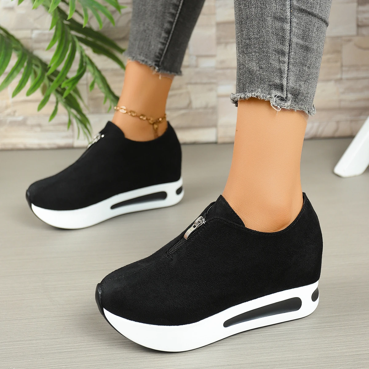 Damen-Sneaker mit Frontreißverschluss und verstecktem Keilabsatz, Wildleder-Plattform, höhenvergrößernde Freizeitschuhe, Damen-Slipper mit dicker Sohle zum Gehen. – Detail 5