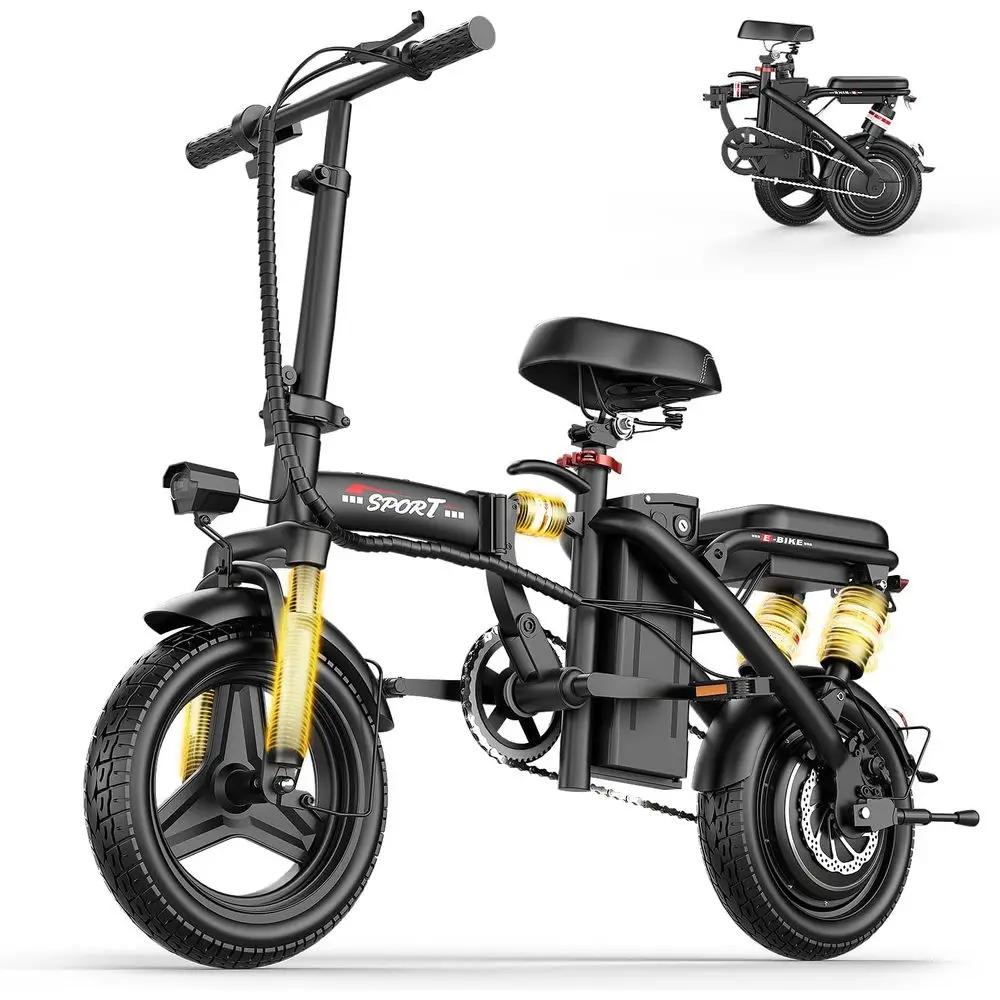 

High-Power 1200W Electric Bike for Adults, 25MPH Speed, 480/720Wh Battery, 45-Mile Range, 6/8 Suspension, 14 Compact Model with