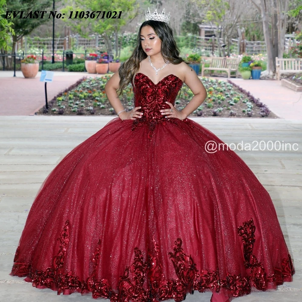 

EVLAST Glitter Burgundy Quinnceanera Dress Ball Gown Lace Applique Beading Mexican Corset Sweet 16 Vestidos De 15 Anos SQ587