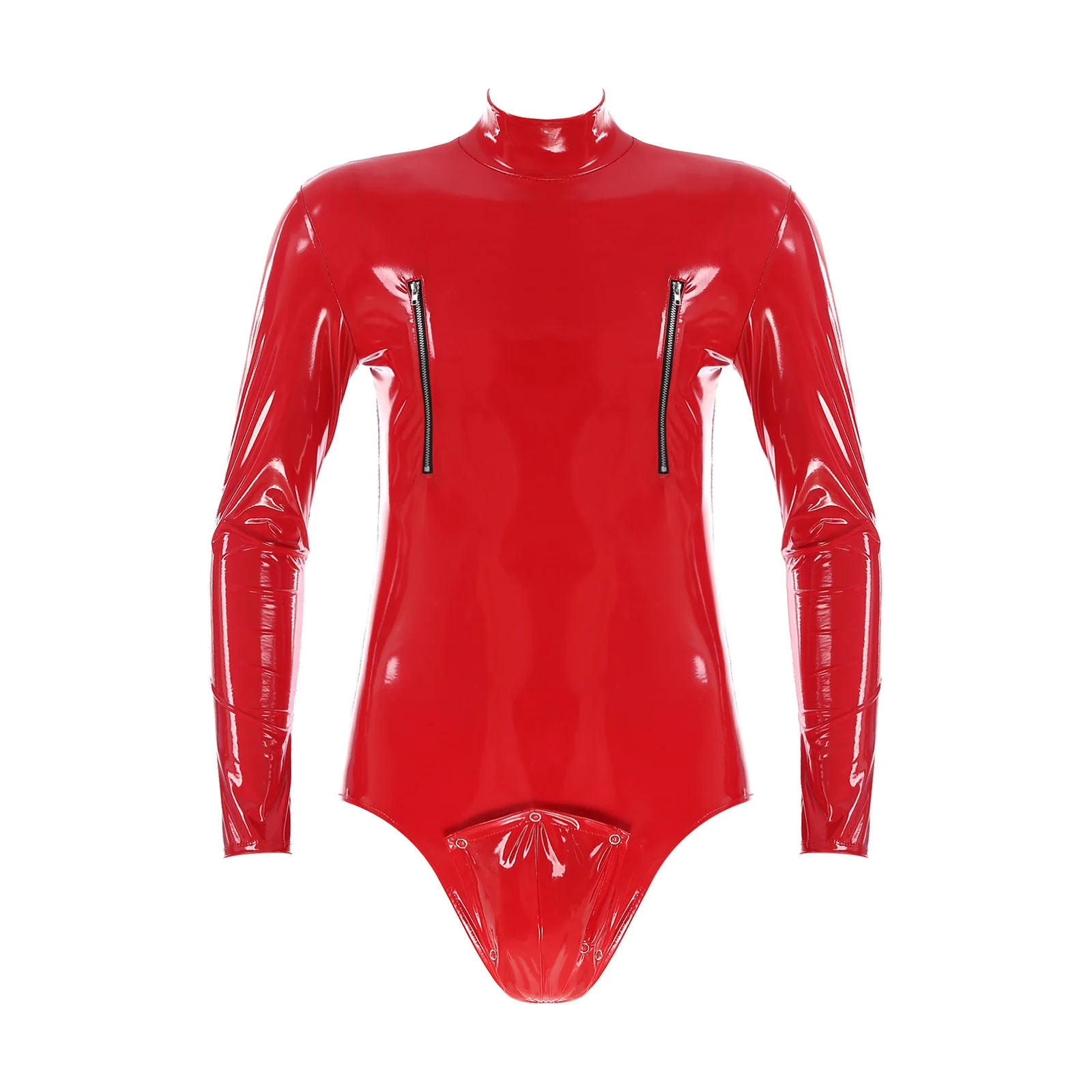 Mens Slim Fit Long Sleeve Zipper Bulge Pouch Boxer Bodysuit Shiny Latex Catsuit Leotard Overall Jumpsuit Leotard Clubwear