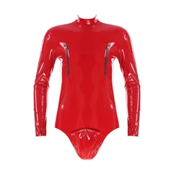 Mens Lingerie Zipper Long Sleeve Bodysuit One Piece Open Crotch Removable Bulge Pouch Rave OutfitPatent Leather Leotard Clubwear