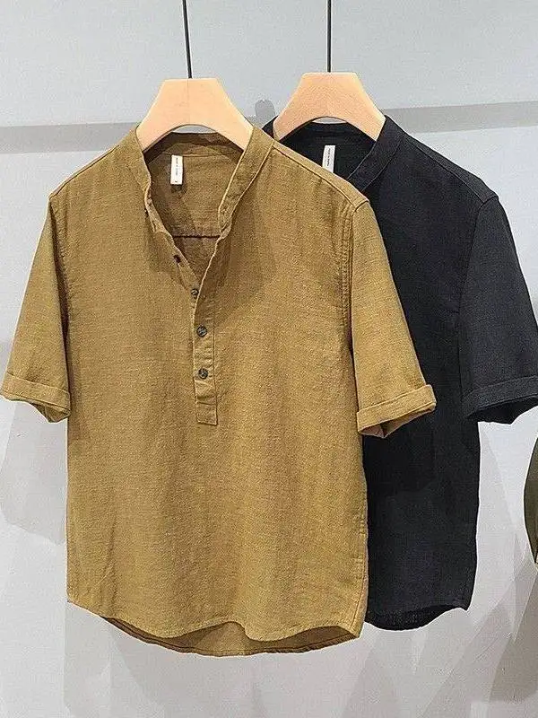 

Повседневная рубашка из льняной хлопковой смеси с коротким рукавом для мужчин, летняя новинка, простой модный молодежный стиль, однотонная, для отдыха.